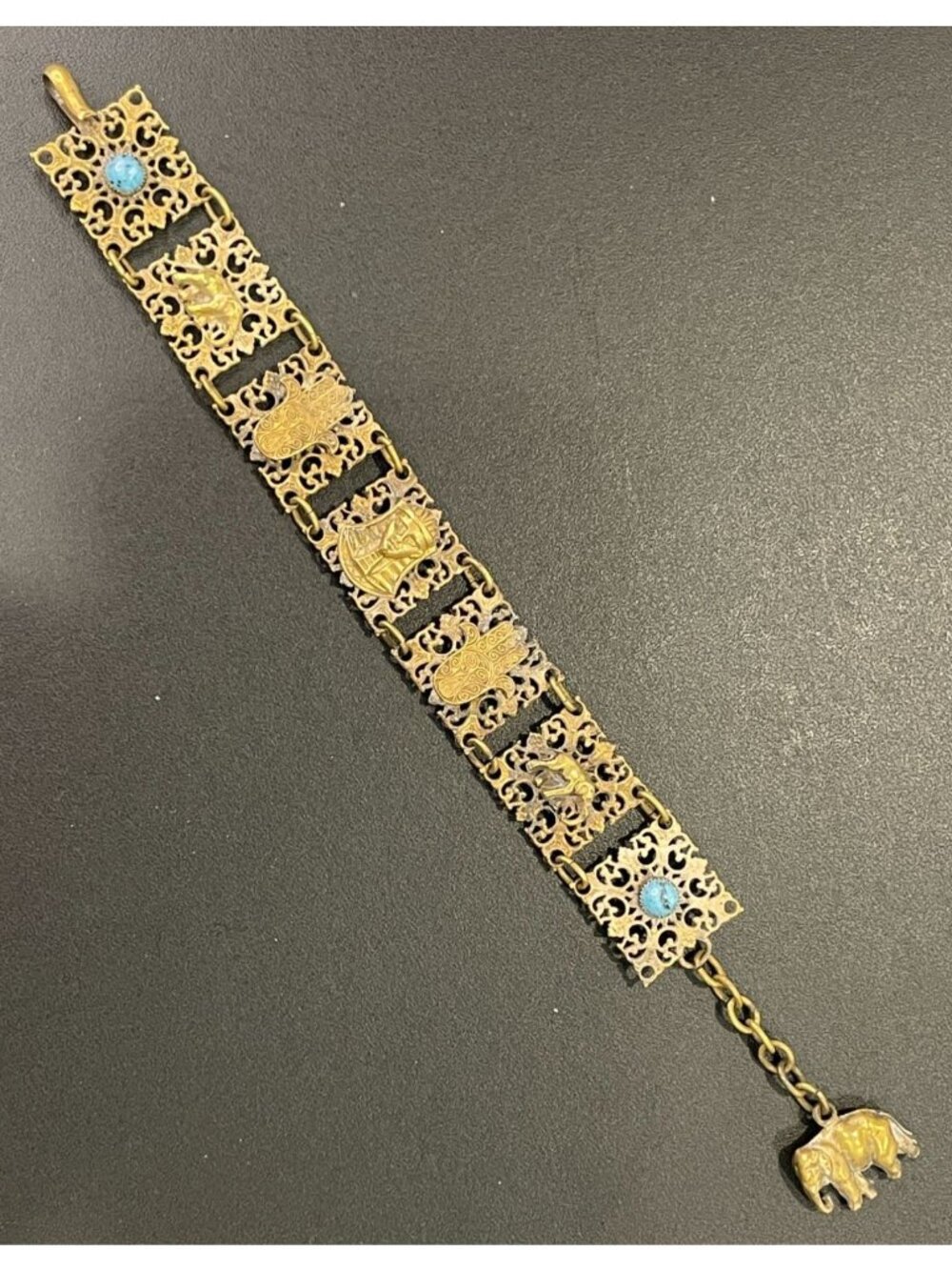 Vintage 1920s Egyptian Revival Filigree Bracelet - King Tut Elephant